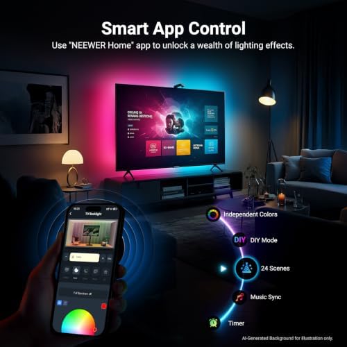NEEWER Basics TV Backlight for 55"-65" Screens, 11.8ft/3.6m LED RGB Light Strips with Sensor Change with TV, Scheduled On/Off, Zero Delay Color Sync, Music Sync, 24 Scenes, Supports App Control, NS03 - Image 5