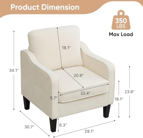 Accent Chairs Set of 2, Upholstered Living Room Chairs with Side Pockets, Mid Century Modern Reading Chair for Bedroom, Comfy Armchair Single Sofa Side Chair for Office, Small Room, Beige - Image 2