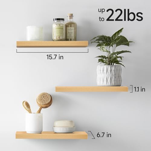 BAYKA Floating Shelves for Wall, Wall Mounted Rustic Wood Shelves for Bathroom, Bedroom, Living Room, Kitchen,Small Hanging Shelf for Books/Storage/Room Decor (Oak-Toned, Set of 3, 15.7in) - Image 5
