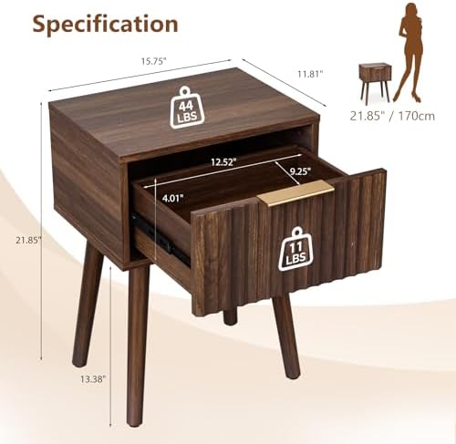 VINGLI Night Stand, Fluted Nightstand Wood, Mid Century Modern Nightstand for Bedroom, Bedside Table, Wood Side Table, Small Night Stand Walnut, 15.75" W*11.81" D*21.85" H - Image 2