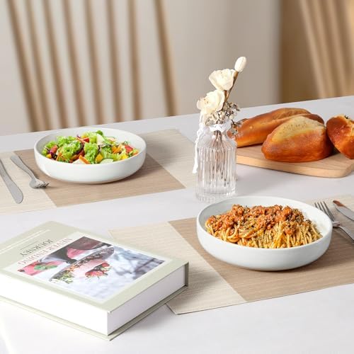 LIANYU Pasta Bowls Set of 4, 33oz Large Stoneware Salad Bowls, Wide and Shallow Serving Pasta Plates for Kitchen, Microwave and Dishwasher Safe, Snowy White - Image 4