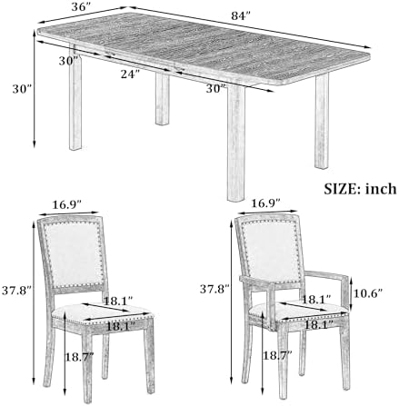 9-piece Rustic Extendable Dining Table Set with 24'' Removable Leaf, 6 Upholstered Rivet Decoration Armless Dining Chairs and 2 Arm Chairs, Wood Kitchen Dining Set for 8, Curved Top (Natural-9S) - Image 3
