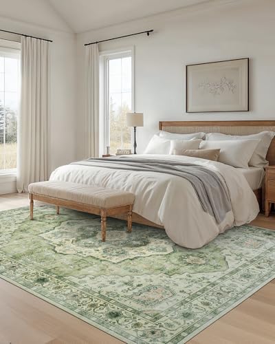 Amada Large 9x12 Washable Area Rug for Living Room, Green, Vintage Pattern - Image 3