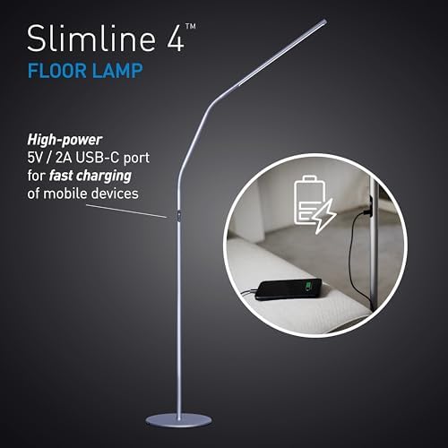 daylight Slimline 4 LED Floor Lamp - 6,000K, 3,200 Lux, 4 Brightness Levels, USB-C Port for Fast Charging - Sleek Design, Anti-Glare Shade, Flexible Height Adjustment - Ice Grey - Image 2