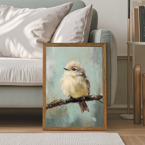 AVECCO Cute Funny Fluffy Bird on Branch Wall Art Canvas Framed 16x24 inch - Image 3