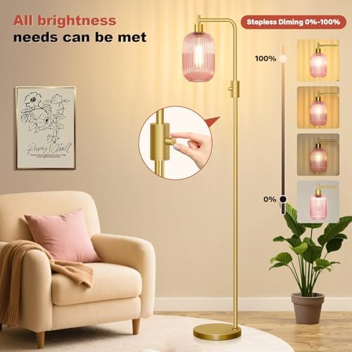 【Upgraded】 Dimmable Floor Lamp for Living Room with Pink Ribbed Glass Lampshade, Gold Modern Floor Lamp with 900LM LED Bulb Included, Arc Standing Tall Lamp for Bedroom, Office, Reading Room, Corner - Image 4