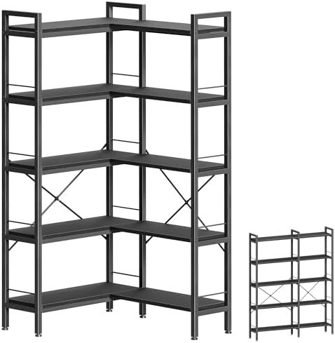 Huuger 5 Tier Bookshelf, L Shaped Corner Bookshelf with 10 Open Shelves, 49.4 Inch Straight Wide Bookcase with Metal Frame and Wooden Board, Adjustable Feet, Black by Huuger