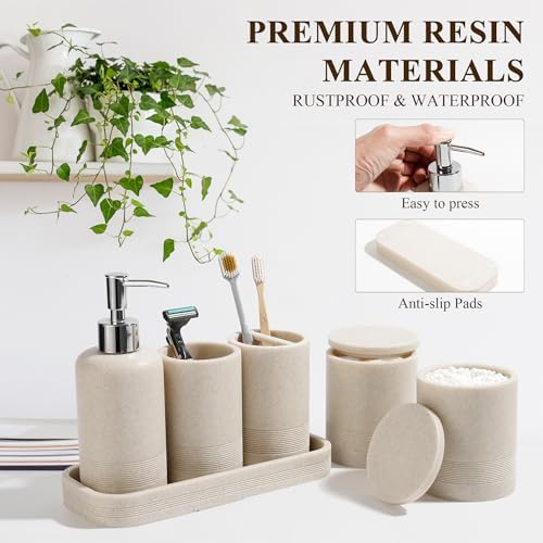 Bathroom Accessories Set, 6-Piece Bathroom Accessory Set, Toothbrush Holders Set, Soap Dispenser, Vanity Tray, Tumbler, Cotton Swab Jars, Bathroom Organizer for Modern Bathrooms(Beige) - Image 5