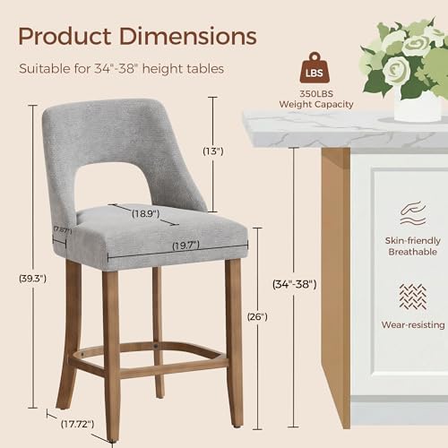 UVV Bar Stools Set of 4, Upholstered Counter Height Bar Stools, Modern Counter Stools with Wood Legs for Kitchen Island Dining Room Bar, Light Grey - Image 2