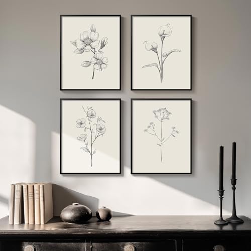 Framed Black and White Floral Wall Art, 4 Piece Vintage Gray Botanical Canvas Prints Painting Artwork, Minimalist Neutral Flower Pictures for Farmhouse Bedroom Living Room Bathroom Home Decor, 11x14 by Cuspin
