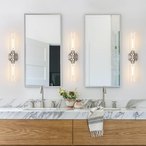 Wall Sconces Set of Two, Hardwired Brushed Nickel Bathroom Sconces Wall Lighting with Clear Glass, Modern Sconces Wall Decor Set of 2 Bathroom Light Fixtures for Mirror Hallway (Bulbs Not Included) - Image 5