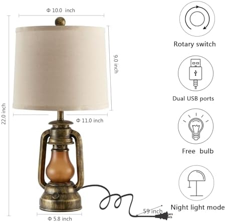 Set of 2 Farmhouse Lantern Table Lamps for Living Room with 2 USB Charging Ports, Rustic Vintage Nightstand Lamps with Nightlight for Bedroom End Table Entryway, 4 Bulb Included - Image 7