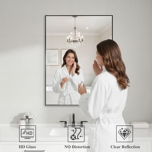 Koonmi Black Rectangle Wall Mirror, 24x32 Inch Bathroom Mirror, Aluminum Frame Vanity Mirror for Entryway, Living Room, Bedroom Bathroom, Hangs Horizontally or Vertically - Image 3