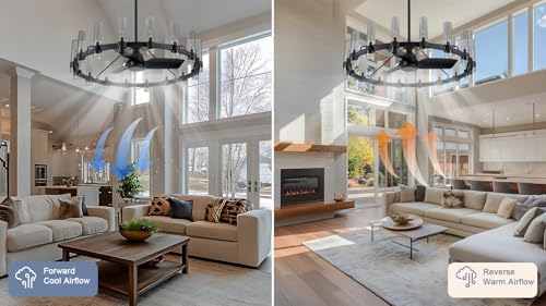 Black Ceiling Fans with 16 Lights Wagon Wheel Chandelier, 48 Inch Modern Farmhouse Fandelier, Quiet 6-Speed Reversible DC Motor, 1/2/4H Remote Timing for Living Room/Bedroom/Kitchen - Image 4