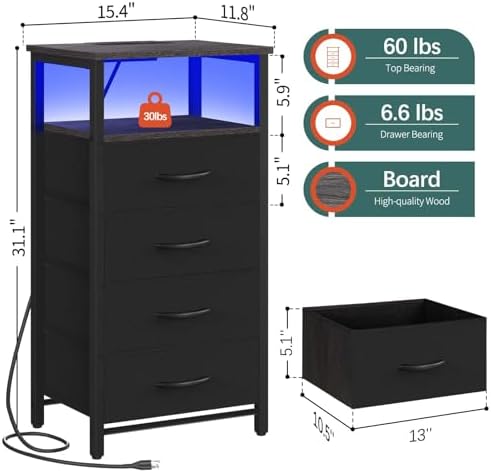 Yoobure Night Stand - LED Nightstand with Charging Station, Bedside Table with 4 Fabric Storage Drawers and Storage Shelf, End Table with USB Ports and Outlets, Tall Nightstand for Bedroom - Image 3