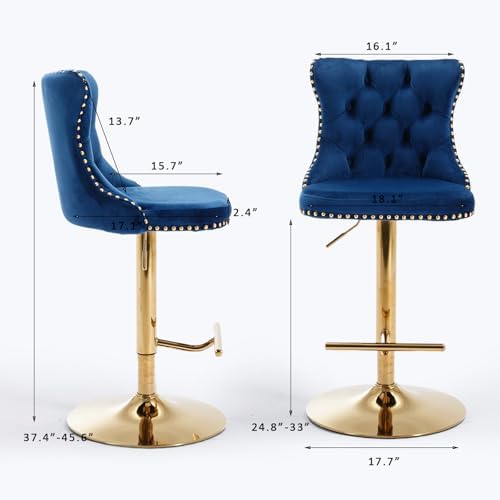 SoarFlash Velvet Bar Stool Set of 4, Adjustable Swivel Bar Stools with Gold Plated Metal Leg, Button Tufted, Footrest, Chrome Nailhead, Counter Height Chair for Kitchen, Bar, Dining Room (Blue) - Image 2