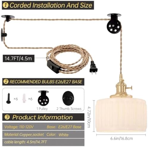 Shenmoyl Plug in Pendant Light Hanging Light Fixture Corded On/Off Switch Brass Pendant Light with White Striped Glass Lampshade for Bedroom Living Room Kitchen Island - Image 5