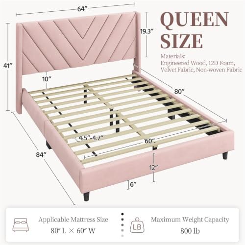 Yaheetech Queen Bed Frame with Chevron Channel-Tufted Headboard, Pink - Image 2