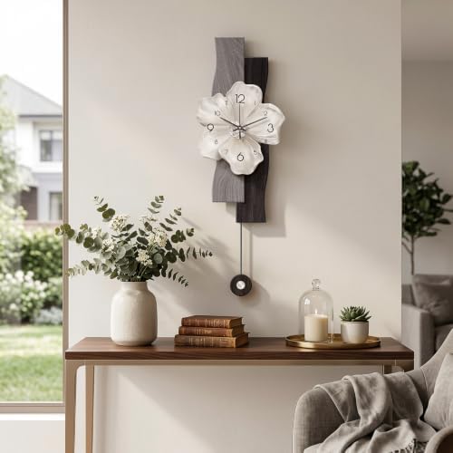 Flower Wall Clocks Battery Operated Decorative with Pendulum 9*24in,Grey - Image 2