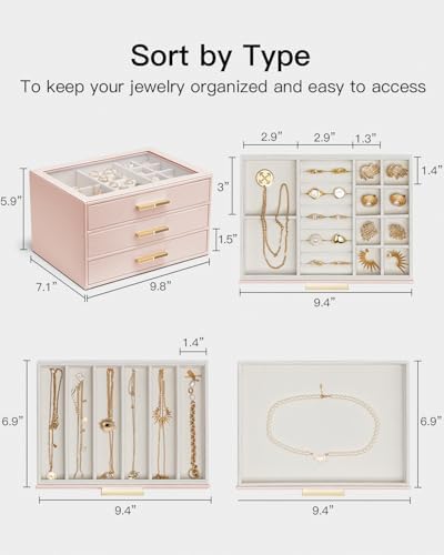 VLANDO Jewelry Box Organizer, 3-Layer Storage Drawers, Glass Window, Modern - Image 3