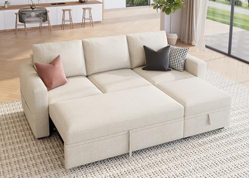 HONBAY Modular Sectional Sleeper Sofa with Pull Out Bed, L Shaped Couch with Storage Seat, Modular Sectional Couches for Living Room - Beige by HONBAY