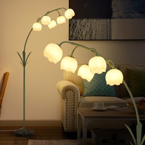 HMVPL Arc Floor Lamp for Living Room, Flower Floor Lamp with 5 G9 LED Bulbs, Foot Switch, Green Floral Standing Lamp with Acrylic Shade, Curved Tall Lamp for Living Room Bedroom Corner Kids Reading by HMVPL