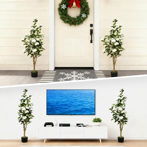 2-Pack 4FT Artificial Camellia Tree,Realistic Fake Potted Plants with Flowers&Planters,Indoor/Outdoor Faux Flowering Trees for Home,Office,Porch,Wedding,and Housewarming Gift Decor,White - Image 5