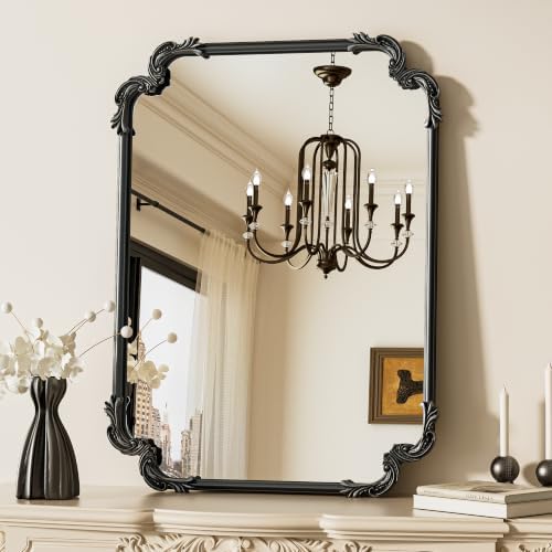 TETOTE Antique Black Rectangle Mirror for Mantle Fireplace 24 x 32 Baroque Vintage Ornate Scroll Wall Mirror with Metal Frame for Traditional Victorian French Decor, Horizontal/Vertical by TETOTE
