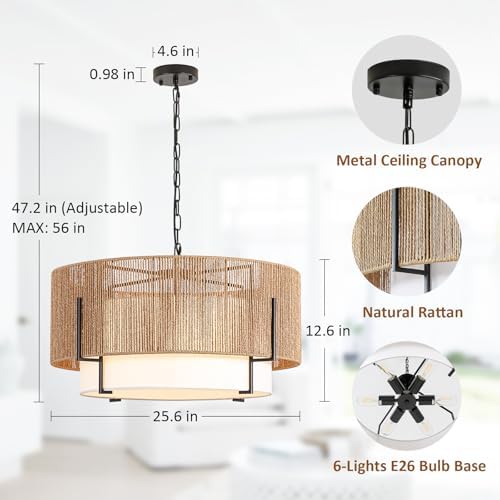 25.6" Large Rattan Chandelier for Dining Room, 6-Light Boho Pendant Light - Image 2