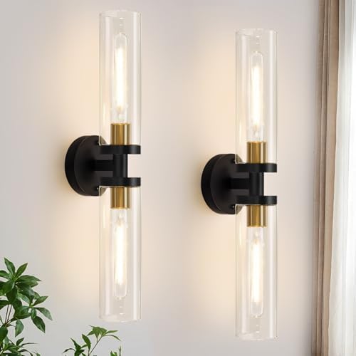 Indoi Hardwired Wall Sconces Set of Two, 22" Black and Gold Bathroom Sconces with Clear Glass, Modern Sconces Wall Decor Set of 2 Wall Light fixtures for Bathroom Mirror Living Room Hallway Bedroom by Indoibrightenyourbathroom