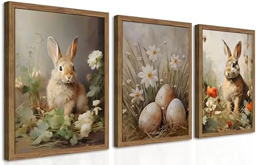 Vintage Easter Bunny Wall Art Set of 3, Spring Easter Rabbit Eggs Canvas Wall Decor Paintings, Rustic Farmhouse Animal Artwork Prints Pictures for Living Room Bedroom Bathroom 16x24 Inch Framed by fancynewWallArt