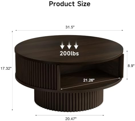 ONBRILL 31.5" Fluted Round Coffee Table with Storage Black - Image 2