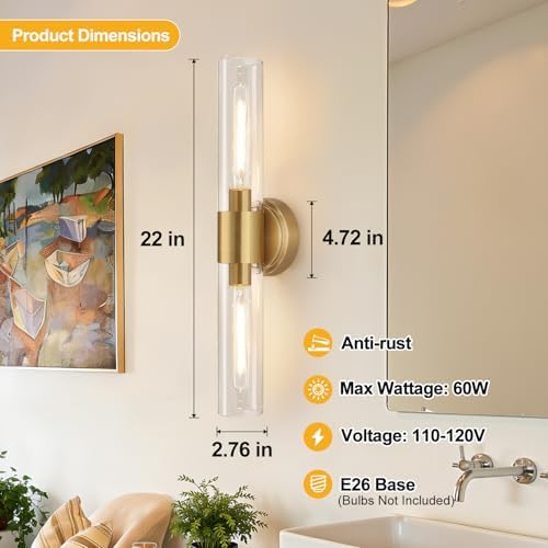 Wall Sconces Set of Two, Brushed Gold Bathroom Sconces Wall Lighting with Clear Glass, Hardwired Modern Sconces Wall Decor Set of 2 for Bathroom Mirror Bedroom Living Room Hallway - Image 7