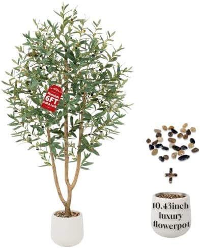 6FT Olive Trees Artificial, Large Faux Olive Tree with White Tall Planter, Faux Tree Indoor with Lush Lifelike Fruits for Living Room Bedroom Balcony Corner Office Home Decor by Keeplush