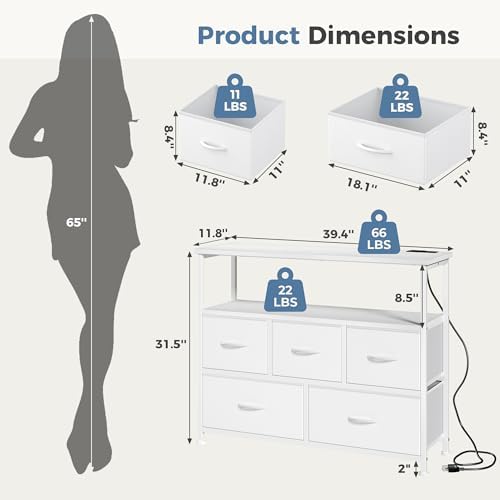 DUMOS TV Stand with 5 Fabric Drawers, with Open Shelf & Charging Station - Image 3