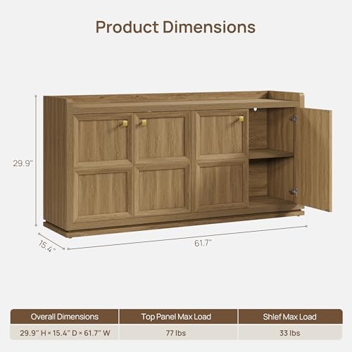 SICOTAS 61.7" Buffet Cabinet 4-Door Sideboard Kitchen Living Room Brown Oak - Image 2