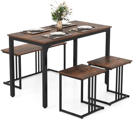 Giantex 4-Piece Dining Table Set for 4, Modern Kitchen Table and Chairs, Nesting Furniture Set with Bench & 2 Stools, Space-Saving Desk Set, Dinette Set for Small Place, Dining Room Restaurant (Brown) by Giantex