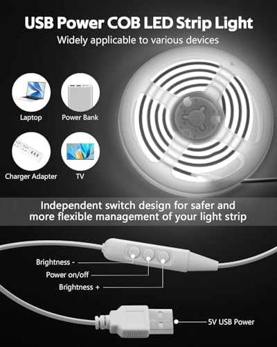 5V USB COB LED Light Strip with Dimmer 3.3FT Daylight White LED Rope Lights Indoor Tunable 6000K Super Density 320LEDs/M IP67 Waterproof LED Tape Light for Bedroom TV Backlight Mirror Decor - Image 5