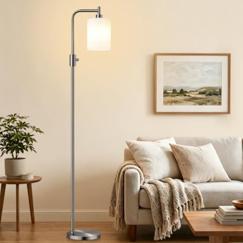 【Upgraded】 Dimmable Floor Lamp for Living Room with Opal Glass Lampshade, Brushed Nickel Modern Floor Lamp with 900LM LED Bulb Included, Standing Tall Lamp for Bedroom, Office, Reading Room, Corner by Yemela