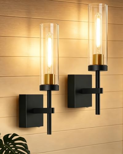 Hardwired Wall Sconces, Black and Gold Bathroom Sconces Wall Lighting with Clear Glass, Modern Sconces Wall Decor Set of 2 Bathroom Light fixtures for Mirror Hallway by Unknown