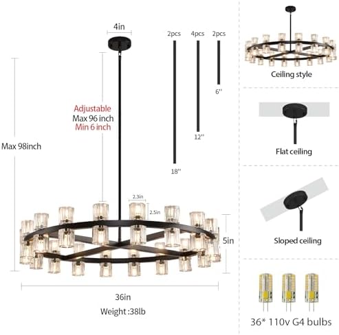 36" K9 Crystal Chandeliers, Round Black Chandeliers for Dining Room, Living Room, Dining Room Chandelier Over Table, Chandelier for Bedroom Foyer Bathroom Includes Bulbs - Image 3