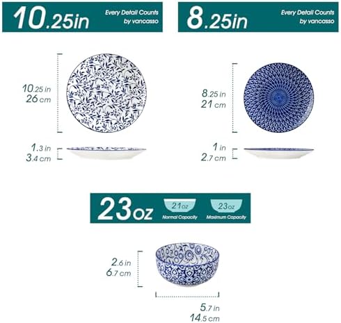 vancasso SELENE Plates and Bowls Set for 4, 12 Pieces Dinnerware Sets, Mircowave and Dishwasher Safe Dishes Set, Porcelain Blue Dinnerware - Image 2
