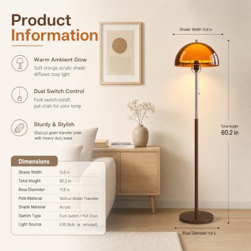Orange Mushroom Floor Lamp with Acylic Double Dome Lampshade forr Reading - Image 2