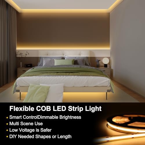 Pandery COB LED Strip Lights Warm White,24V Dimmable led Light Strip KIT with Remote and app Control,3000K 50FT/15m 8mm Wide Ra>90 Cuttable Flexible Strip Lights for Bedroom,Wardrobe,Cabinet - Image 2