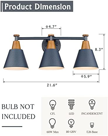 FEMILA Bathroom Vanity Light, 3-Light Modern Bathroom Light Fixture with Hammered Metal Shade Finish, Dark Blue Wall Sconce Lamp Lighting for Bedroom, 4FG59B-3W Blue - Image 2