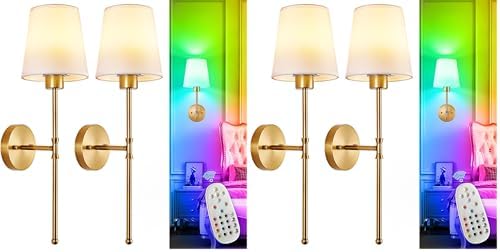 Depuley Battery Operated Wall Sconce: Set of 2 Wireless Wall Lights with Remote for Bedroom - Rechargeable 15 Colors Gold Wall Lamp for Living Room Hallway (Pack of 2) by Depuley