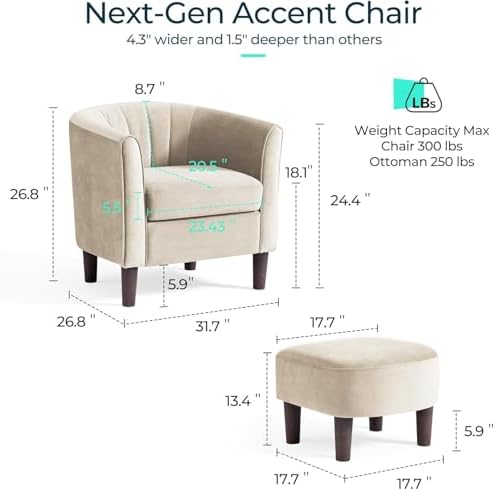 LINSY Accent Chair with Ottoman, Modern Armchair Comfy Barrel Reading Chair with Footrest for Living Room Bedroom Reading Room, Velvet, Cream - Image 2