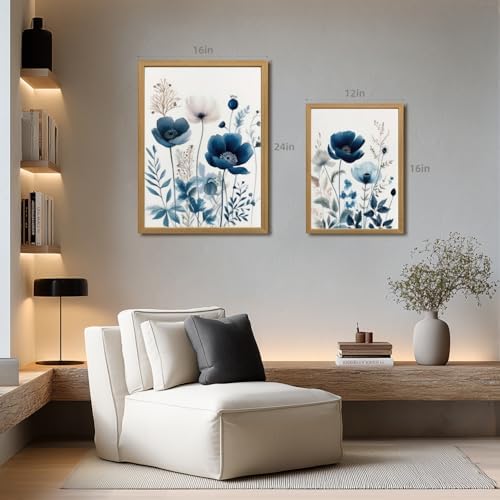 LLEEMPI Navy Blue Floral Wall Art Set of 3, 12x16 Wood Framed Canvas Prints - Image 4