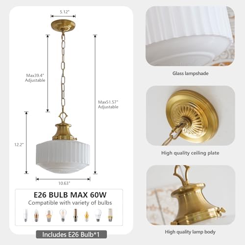 Milk Glass Pendant Light, 10.63" White Pleated Glass Chandelier, Vintage Brass Antique Pendant Lights, for Kitchen Island Lighting, Hallway, Bedroom, Dining Room, Foyer, E26 Bulb Included - Image 6