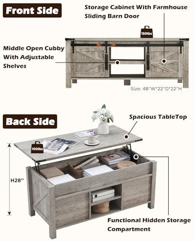 OKD 48" Farmhouse Lift Top Coffee Table Sliding Barn Door, Light Rustic Oak - Image 2